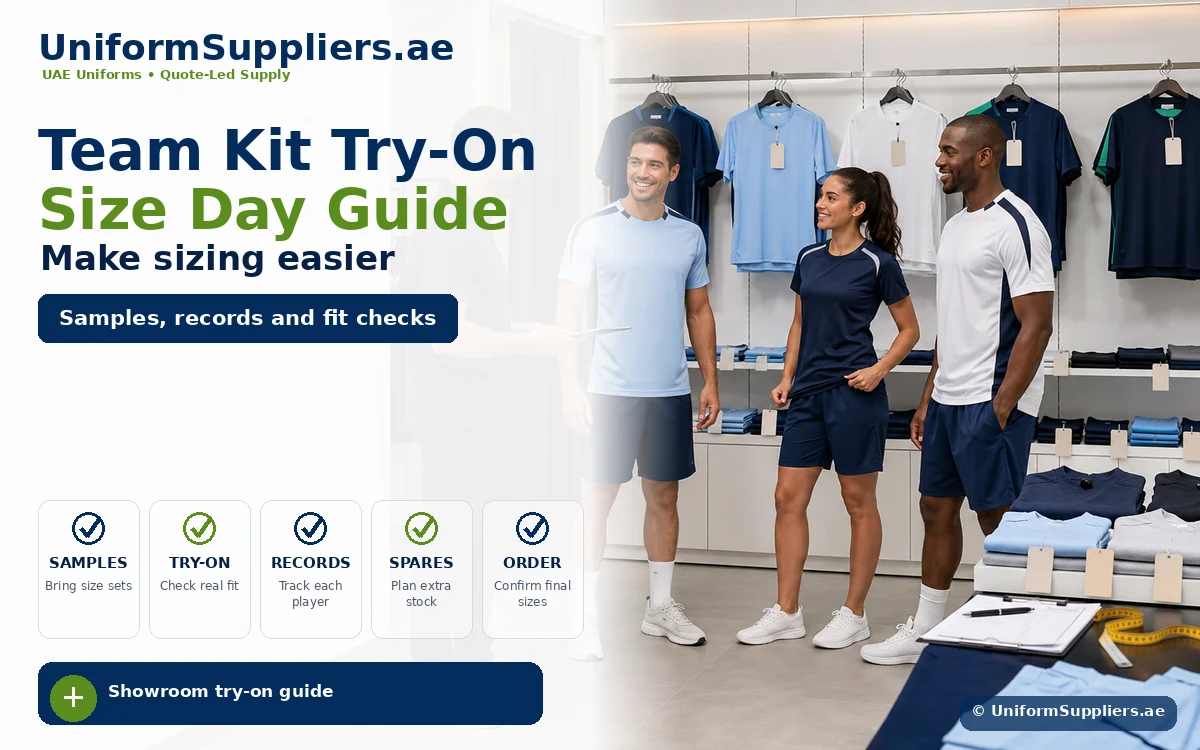 Hero banner: three people in team uniforms in a showroom, with bold text about 'Team Kit Try-On Size Day Guide' and a blue callout 'Samples, records and fit checks'.