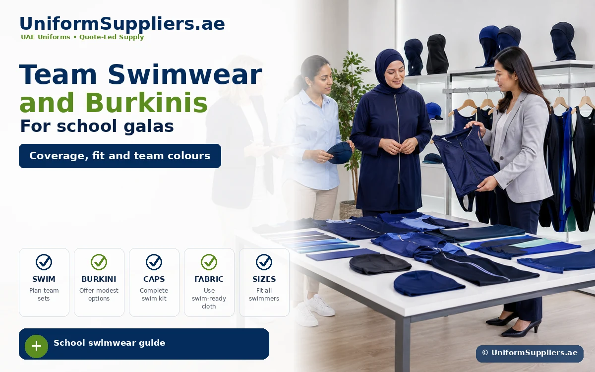 Banner for UniformSuppliers.ae showing team swimwear and burkinis for school galas with staff handling navy swimwear on a table and clothing racks in the background.