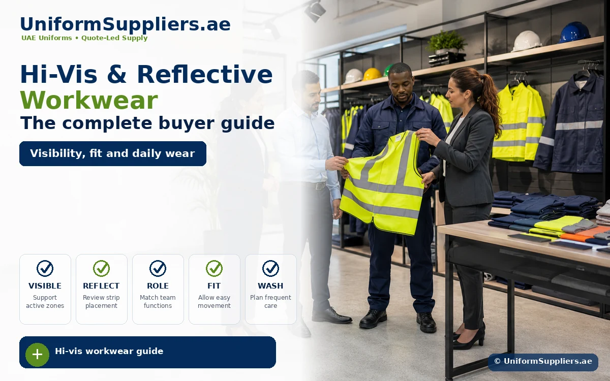 Infographic hero image showing UAE workwear buyers comparing hi-vis and reflective garments for safety and daily use.
