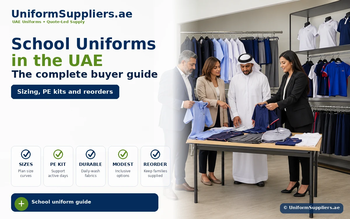 Banner for UniformSuppliers.ae promoting UAE school uniforms; staff review polo shirts at a display table with racks of uniforms in the background.