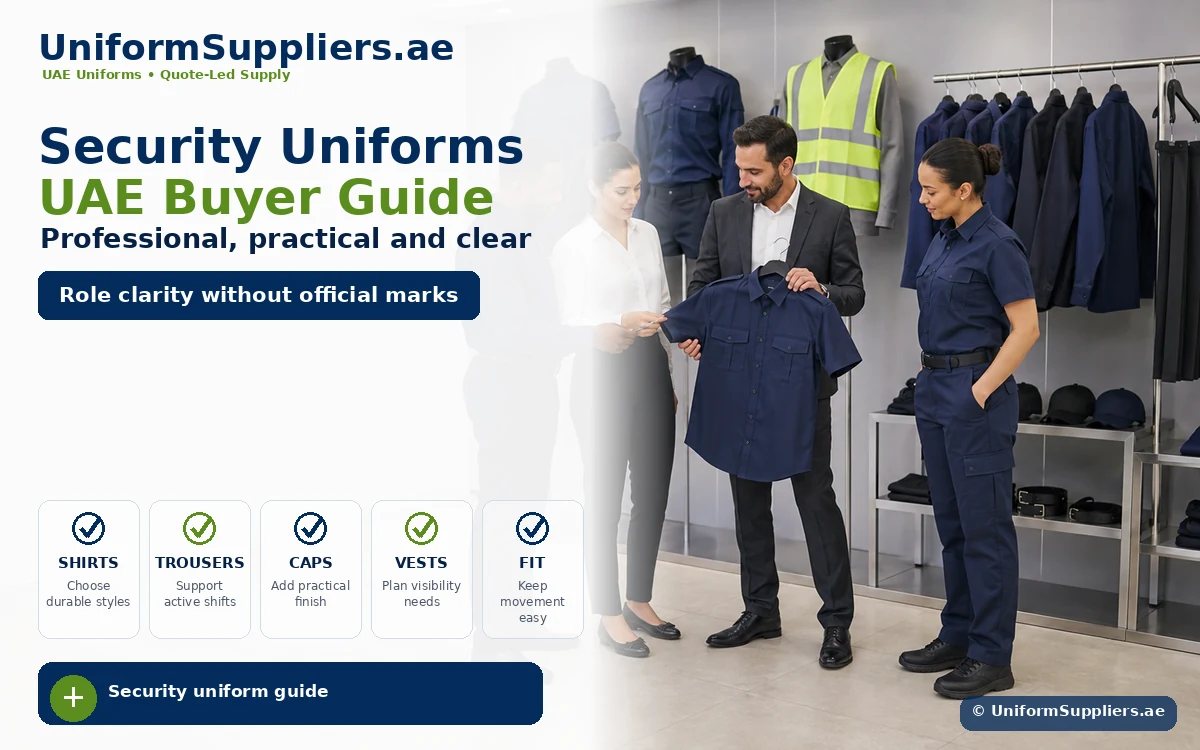 UniformSuppliers.ae banner advertising the UAE Security Uniforms Buyer Guide, showing staff in navy uniforms in a showroom with clothing racks.