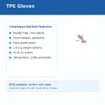 Slide showing TPE Gloves with a left rounded card of catalogue-backed features: powder-free/non-sterile, thermoplastic elastomer, food-grade option, 1.8–2 g, XS–XL, 100 pcs/box or 1,000 pcs/carton; small glove image on the right; MOQ note at bottom.