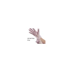 Hands in pink disposable gloves being worn, close-up against a white background
