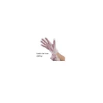Hands putting on pink disposable gloves, close-up of gloved fingers