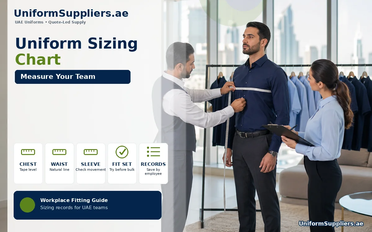 Tailor measuring an employee's chest during a workplace uniform fitting session in a UAE office