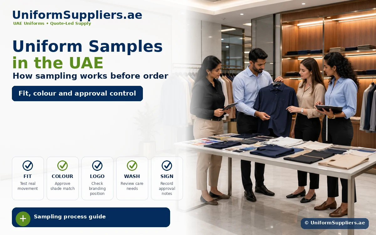 Four professionals review a navy polo in a clothing showroom; hero banner for UniformSamples UAE appears on the left.