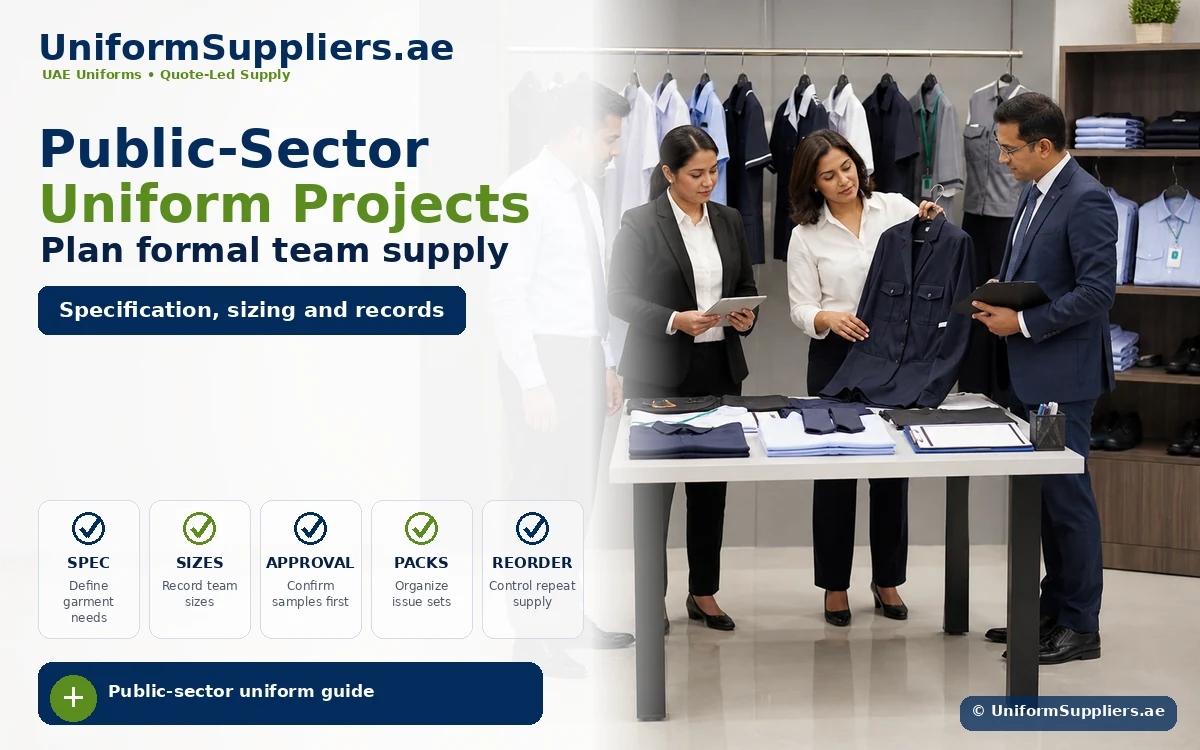 Banner for UniformSuppliers.ae: Public-Sector Uniform Projects, with professionals reviewing navy uniforms at a sample table in a showroom.