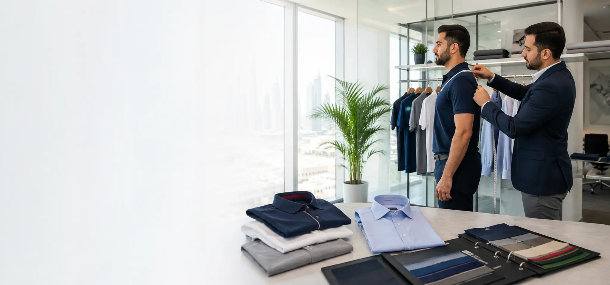 Uniform consultant measuring an employee with branded workwear samples in a UAE showroom