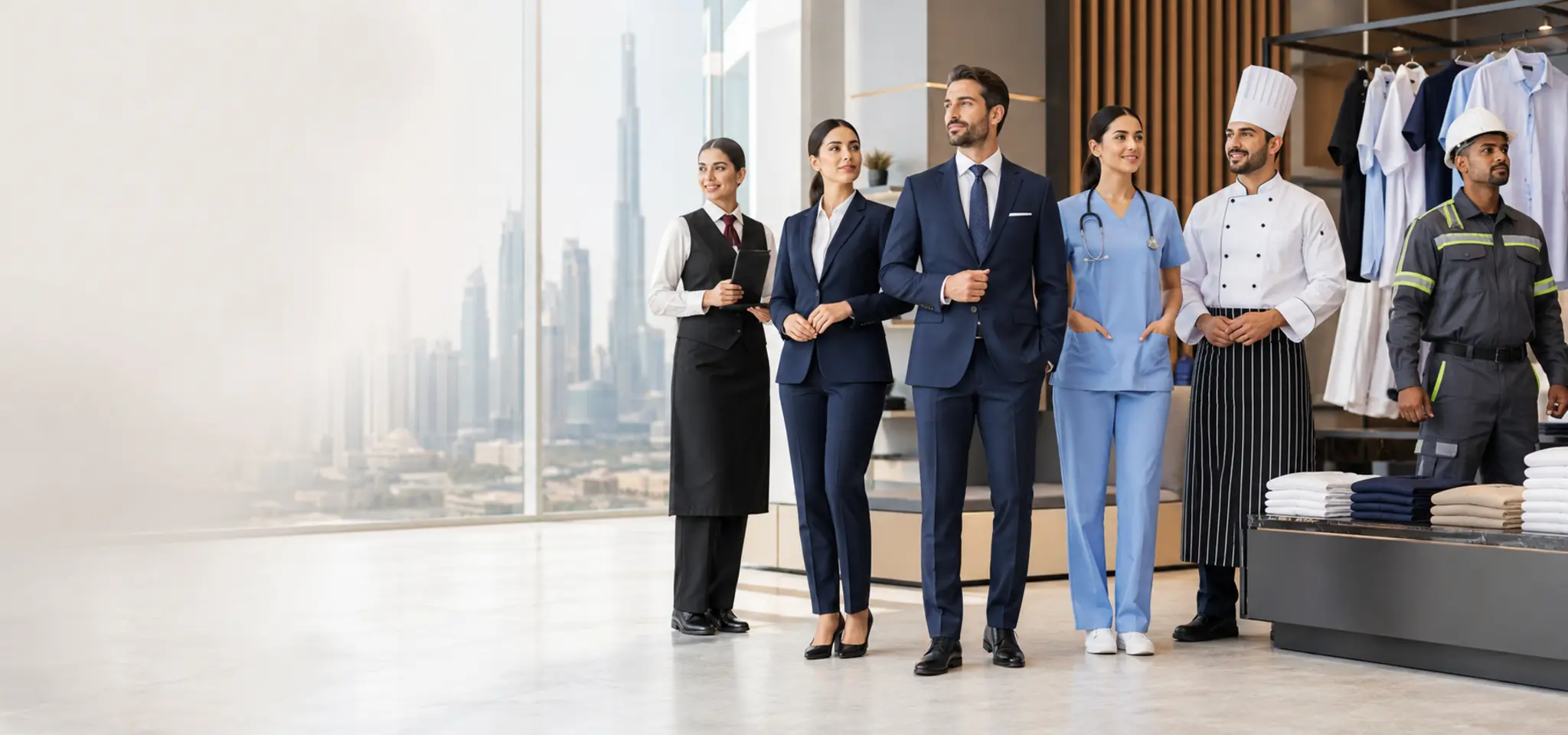 Professional corporate hospitality healthcare and industrial uniforms for UAE company teams