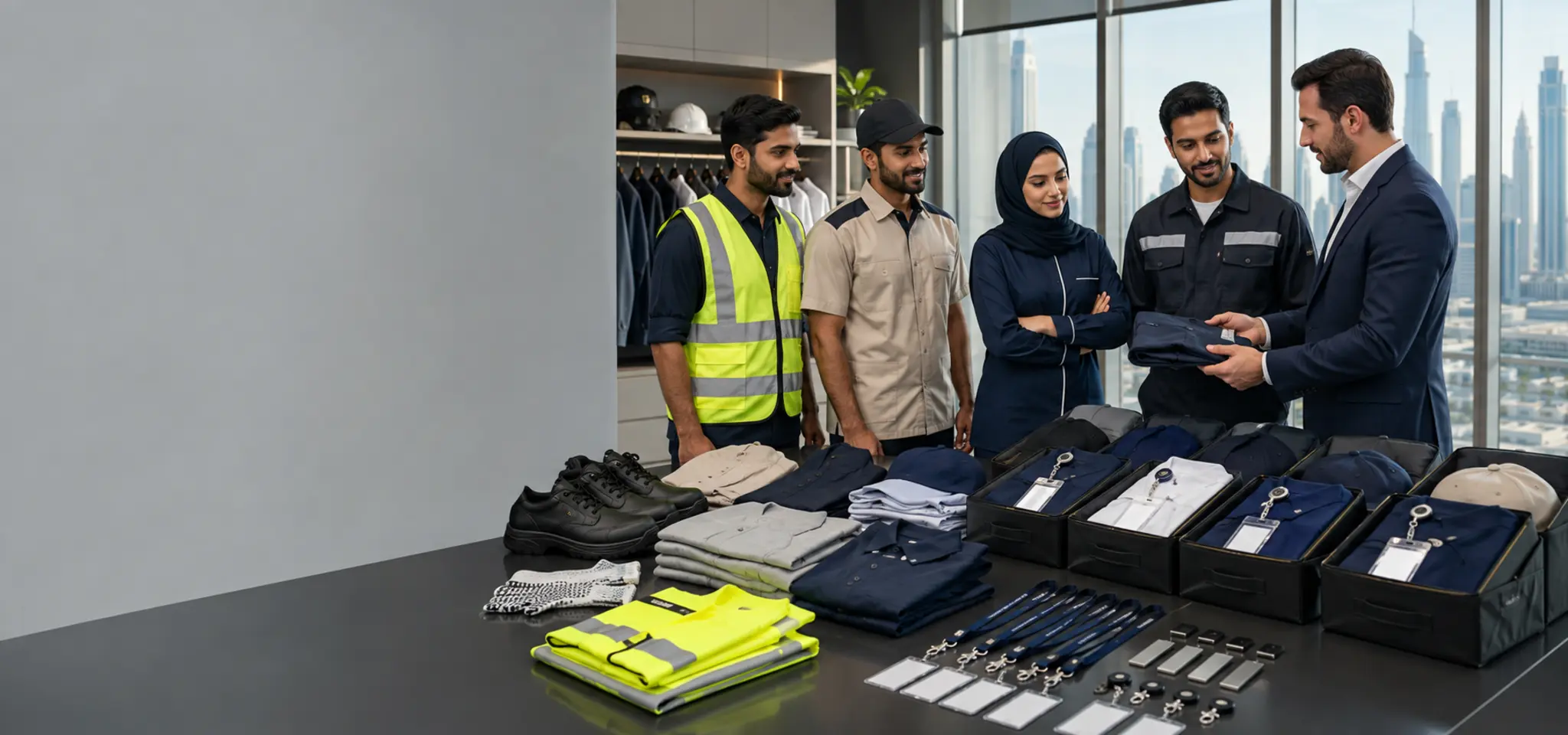 Uniforms safetywear footwear badges ID cards lanyards and employee packing for UAE company orders