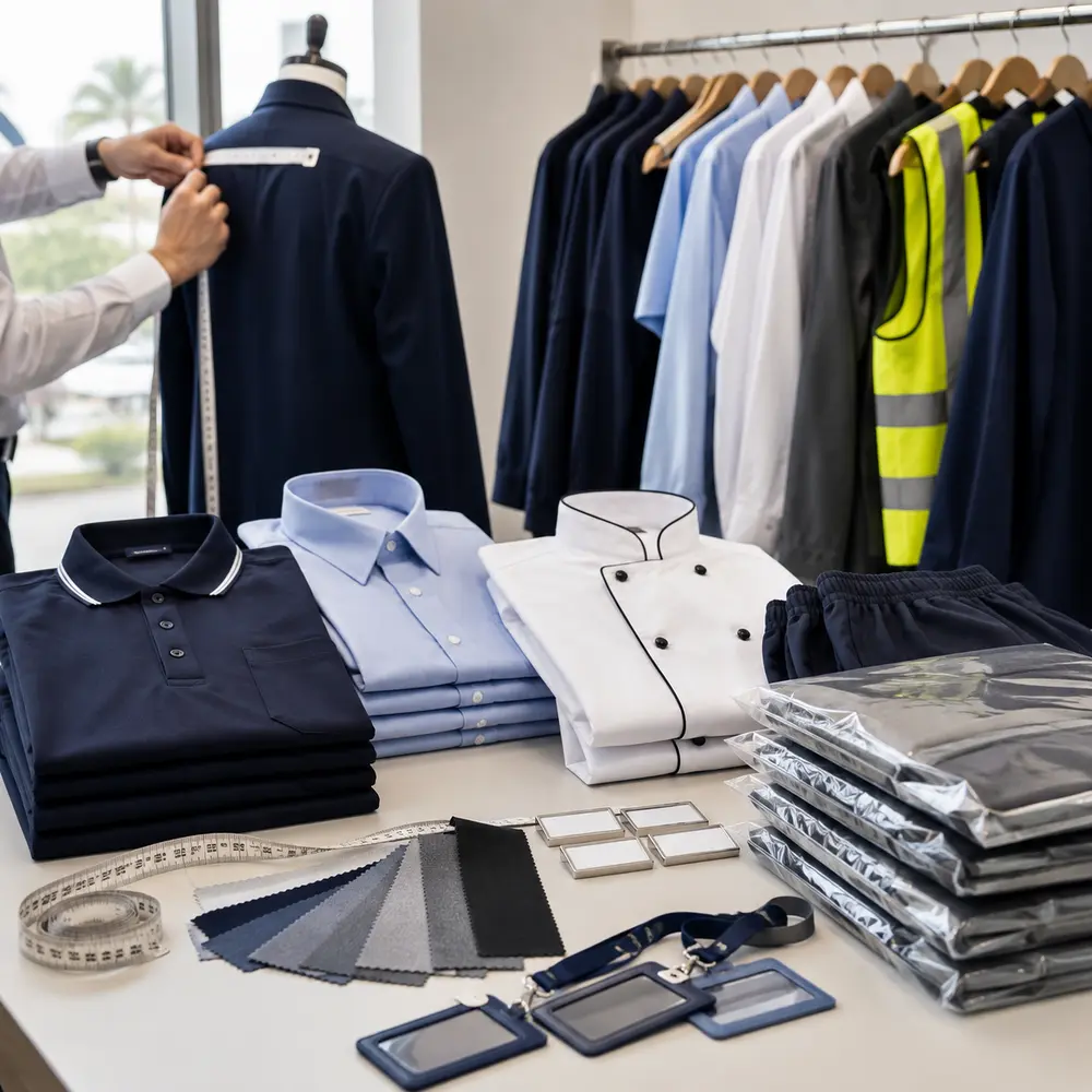 Uniform measurement branded workwear samples badges lanyards and employee packing for UAE workforce orders