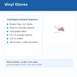 Slide titled 'Vinyl Gloves' with a rounded left panel listing features: powder-free/non-sterile, PVC material, food-grade option, 5.5–7.5 g, sizes S–XL, 100 per box/1,000 per carton; small hand image on the right; MOq editable banner at bottom.