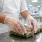 Food worker in gloves packs a clear clamshell container with greens and fried items in a sterile kitchen environment.
