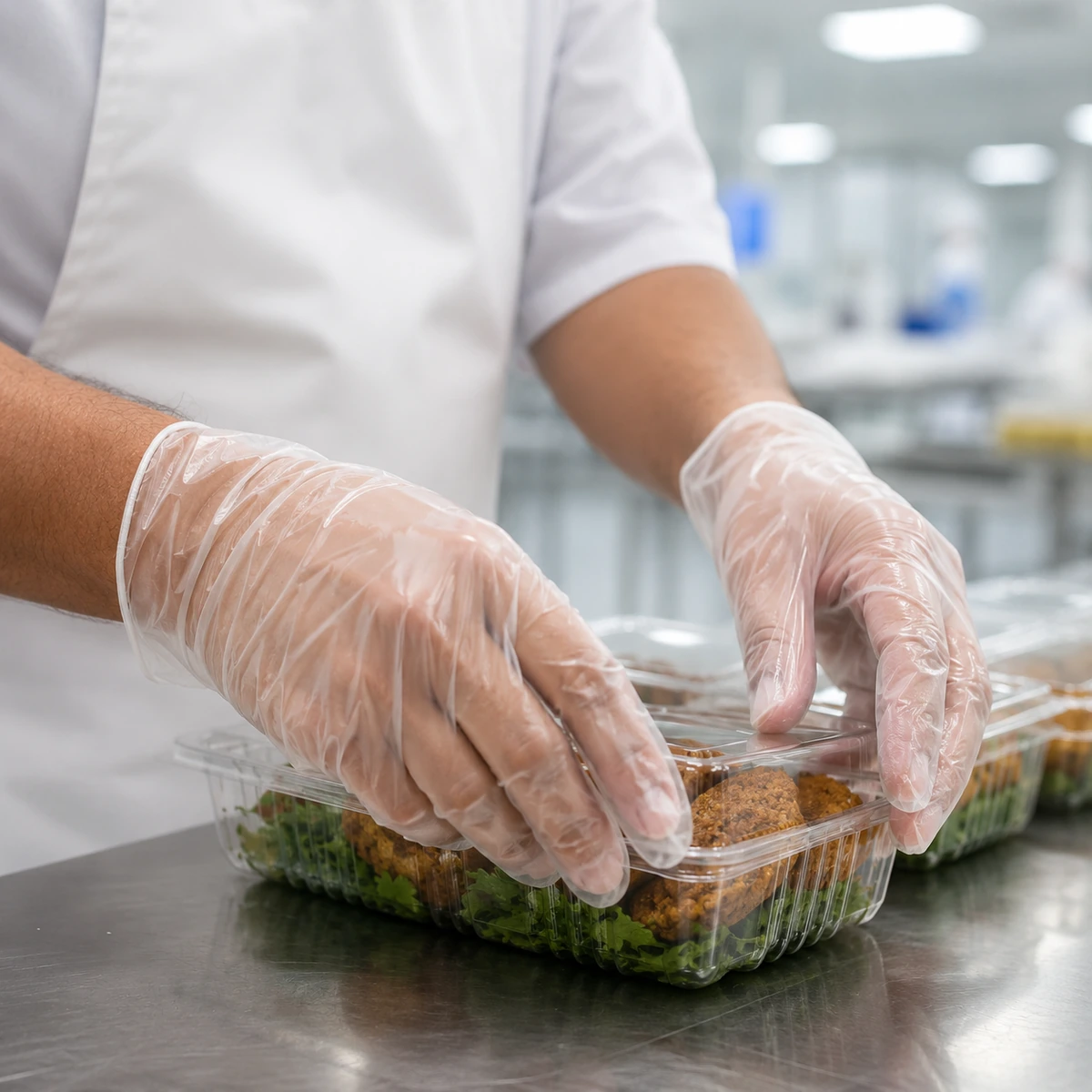 vinyl-gloves-in-use-uae Food worker in gloves packs a clear clamshell container with greens and fried items in a sterile kitchen environment.