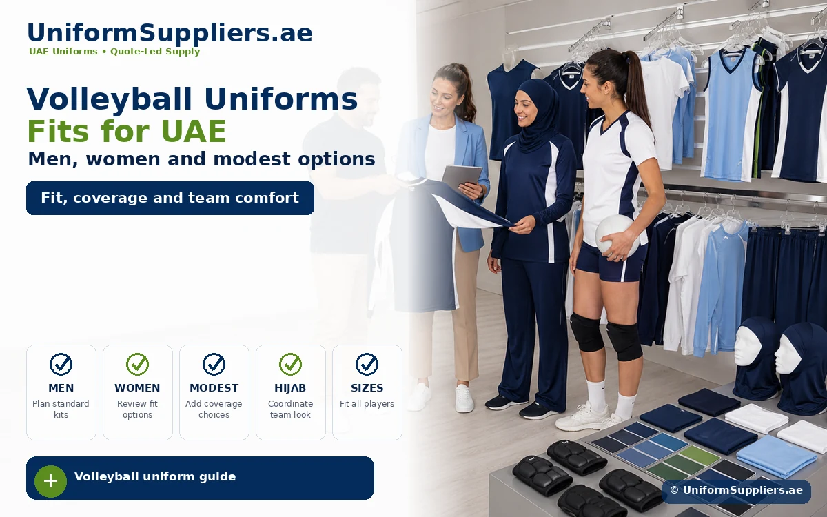 Group of people in a sportswear shop examining volleyball uniforms displayed on racks; banner reads 'Volleyball Uniforms Fits for UAE'.