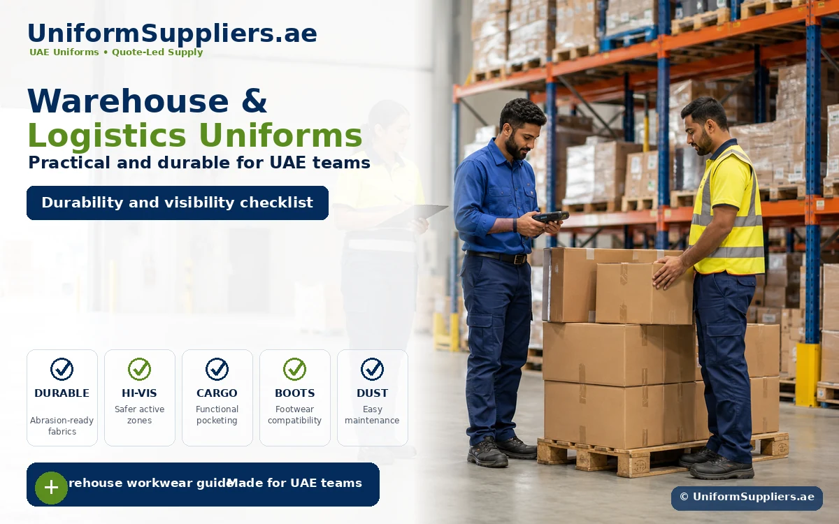 Promotional hero image for UniformSuppliers.ae showing two warehouse workers in uniforms with boxes and pallets, highlighting logistics uniforms.