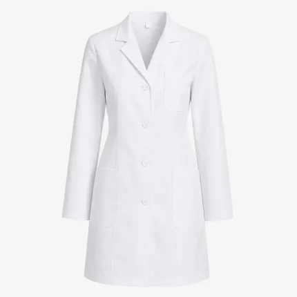 Women's tailored lab coat product image for healthcare uniform supply in the UAE and GCC.
