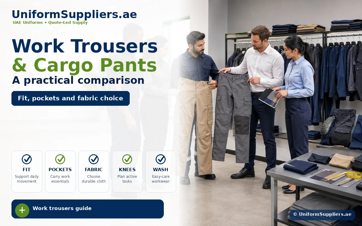 Infographic hero image showing UAE workwear buyers comparing work trousers and cargo pants for fit, pockets and fabric.