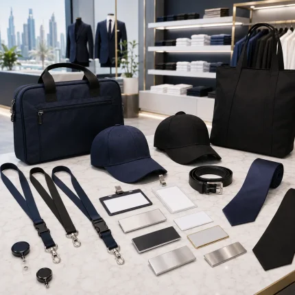 Workforce accessories including name badges, ID cards, lanyards, caps, belts and ties